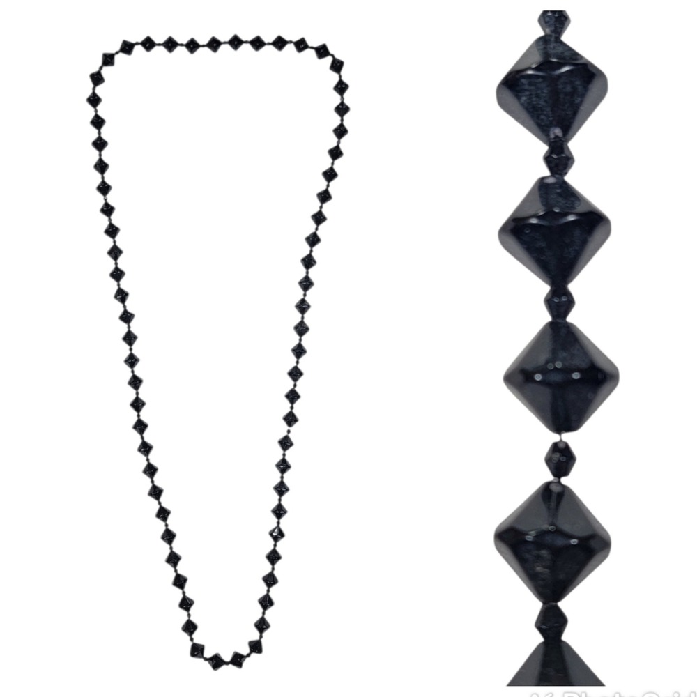 VTG 50s 60s Black Geometric Beaded Necklace 39" Flapper MCM Art Deco Style Retro